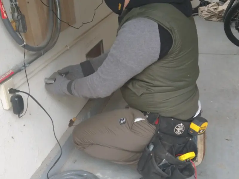 Electrician performing outlet wiring in a Payette garage